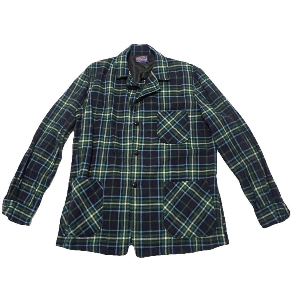 Vintage Pendleton Jacket Mens L Blue Plaid Chore Blazer 3 Pocket Wool Shacket